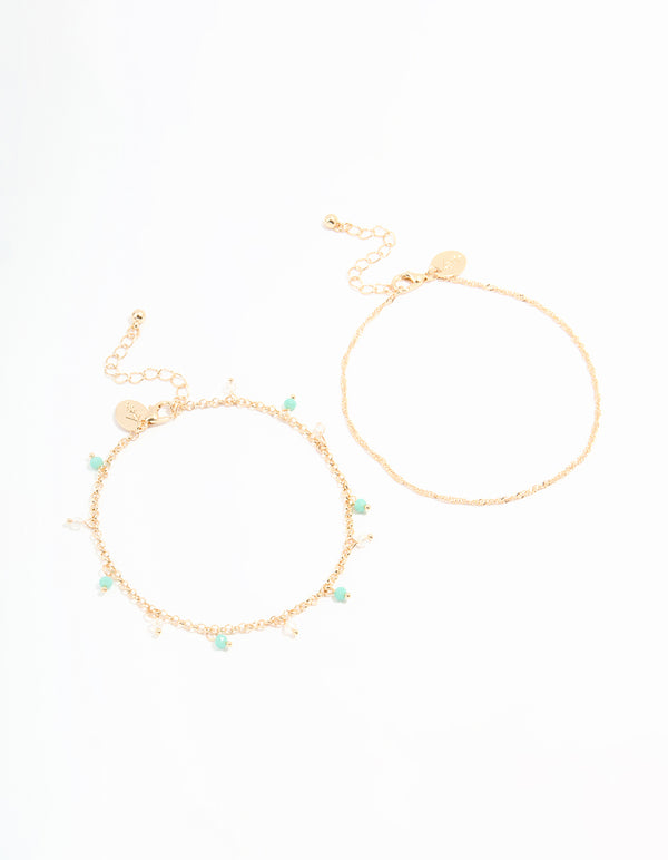 Gold Beaded & Chain Anklets 2-Pack