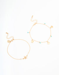 Gold Bead Shell & Tiny Starfish Anklets 2-Pack - link has visual effect only