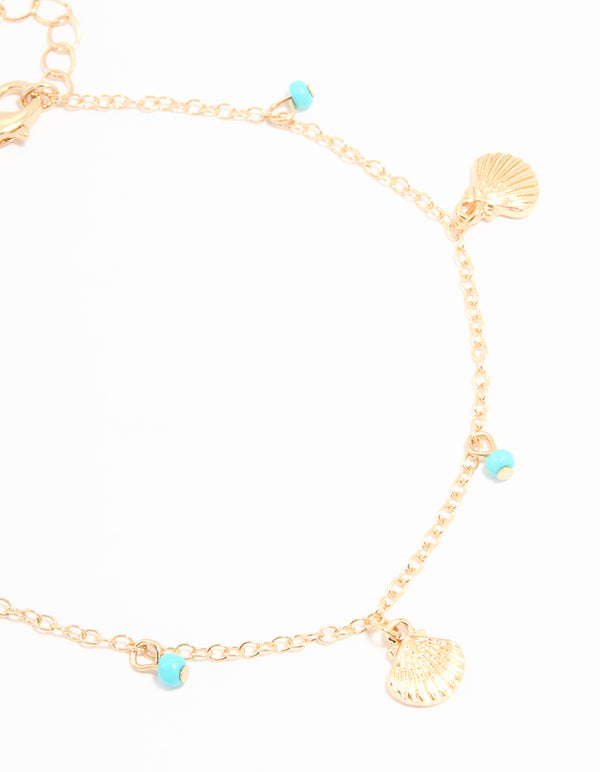 Gold Bead Shell & Tiny Starfish Anklets 2-Pack