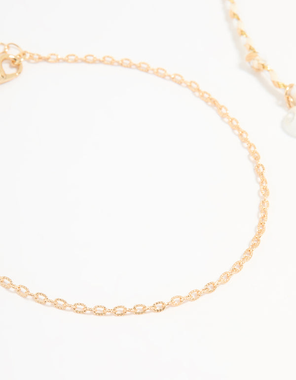 Gold White Rope Sun Charm & Chain Anklets 2-Pack