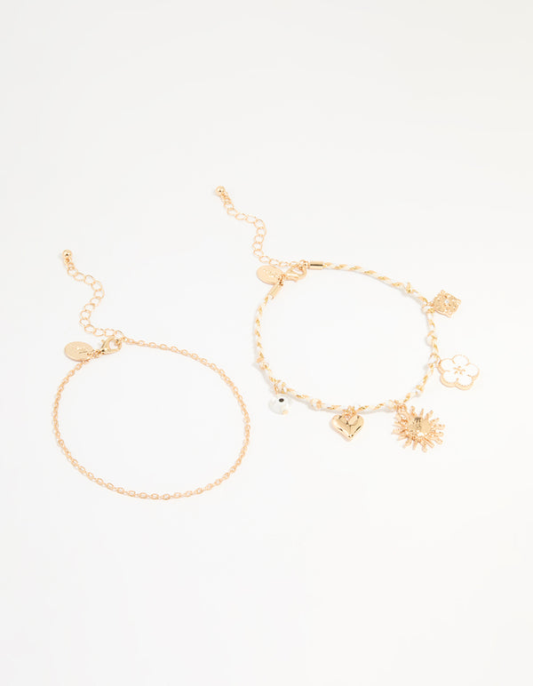 Gold White Rope Sun Charm & Chain Anklets 2-Pack