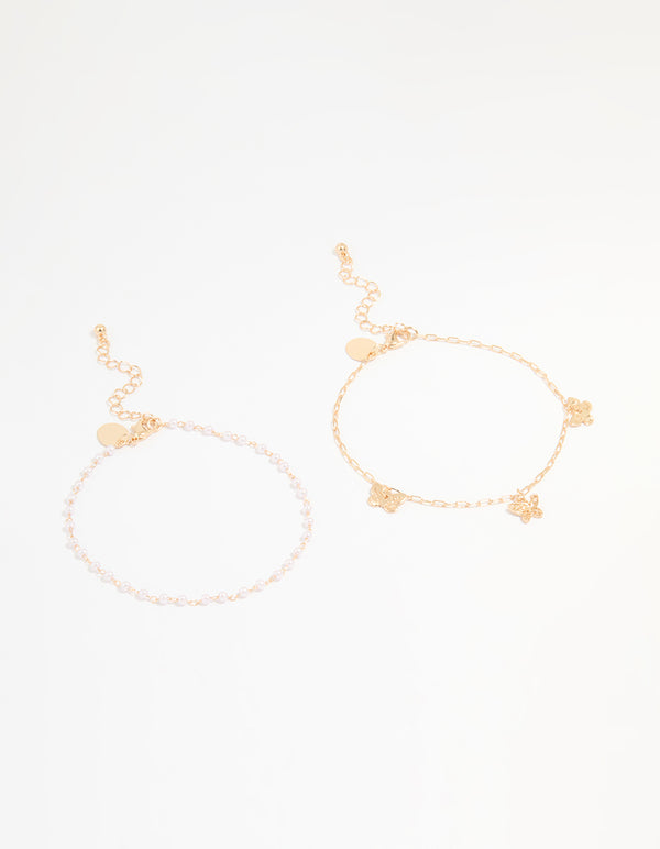 Gold Pearl & Butterfly Anklets 2-Pack