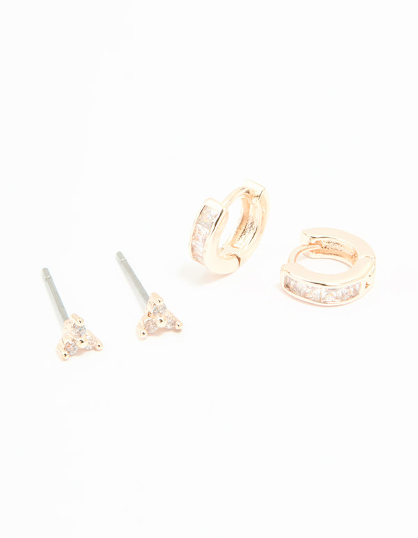 Rose Gold Plated Cubic Zirconia Trio Stud & Huggie Earrings 2-Pack