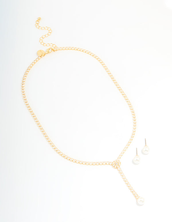 Gold Plated Pearl Flower Cubic Zirconia Y-Necklace & Earrings Set