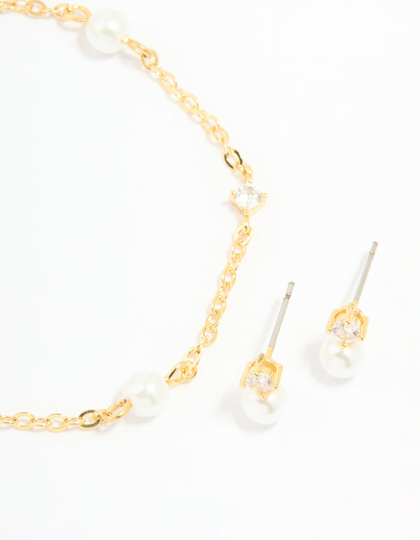Gold Plated Cubic Zirconia Pearl Bracelet & Earrings Set