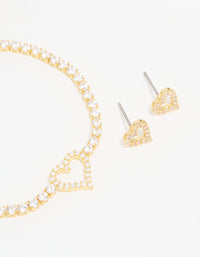 Gold Plated Cubic Zirconia Heart Outline Tennis Bracelet & Earrings Set - link has visual effect only