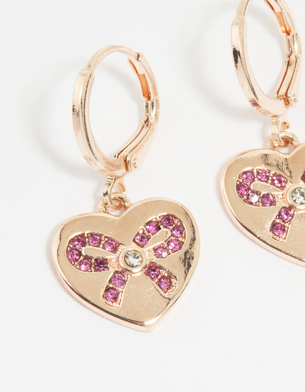 Rose Gold Heart Diamante Bow Huggie Earrings