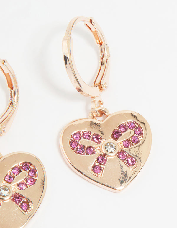 Rose Gold Heart Diamante Bow Huggie Earrings