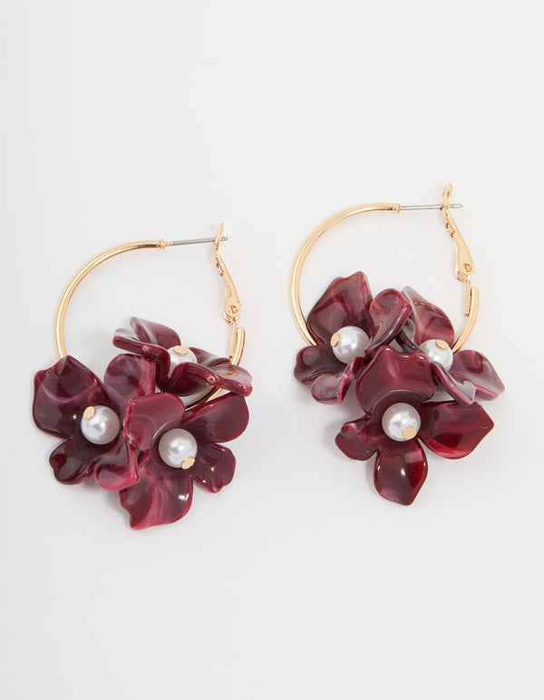 Gold Burgundy Pearl Petal Flower Drop Earrings