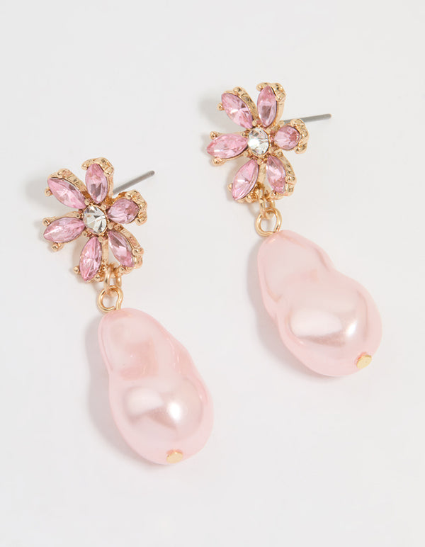 Gold Diamante & Pink Pearl Flower Drop Earrings