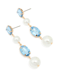 Gold Blue Diamante Pearl Long Drop Earrings - link has visual effect only