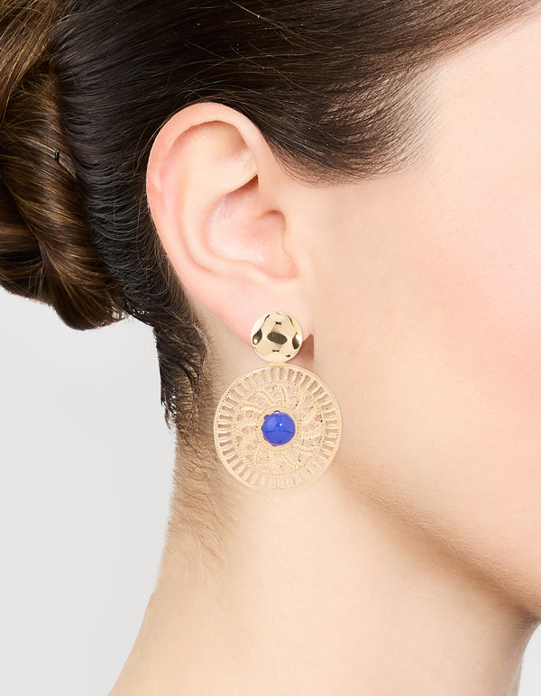 Gold Filigree & Blue Marble Center Drop Earrings
