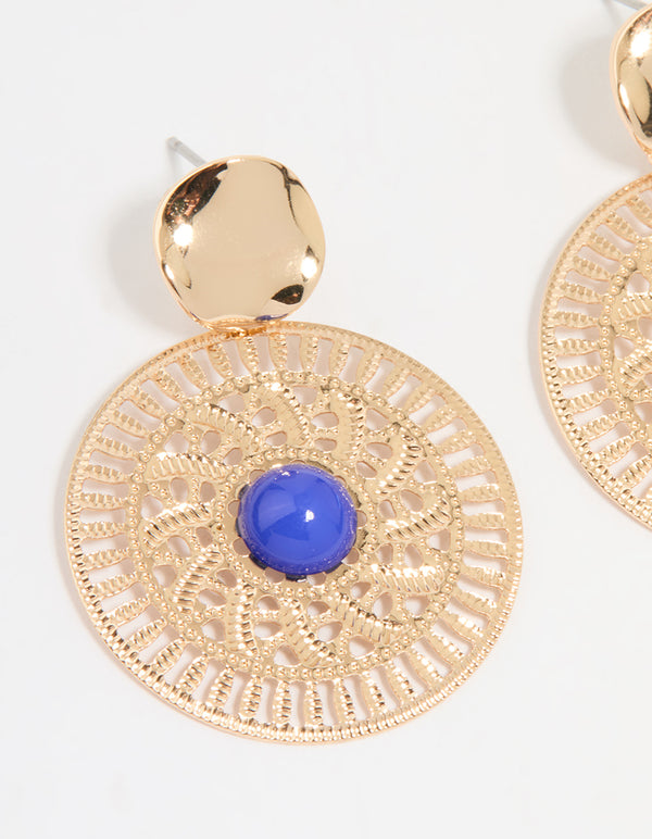 Gold Filigree & Blue Marble Center Drop Earrings