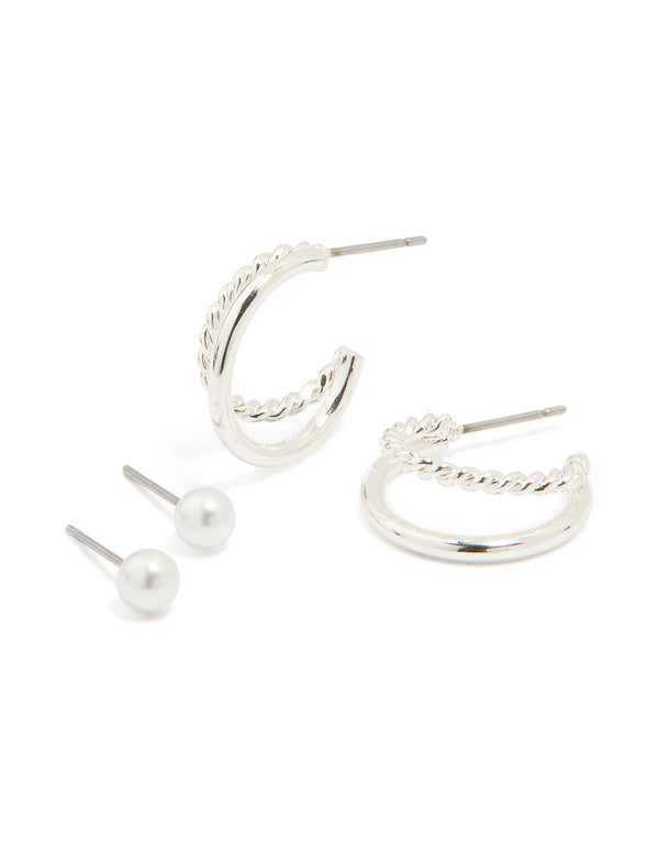 Silver Pearl Stud & Twisted Double Hoop Earrings 2-Pack