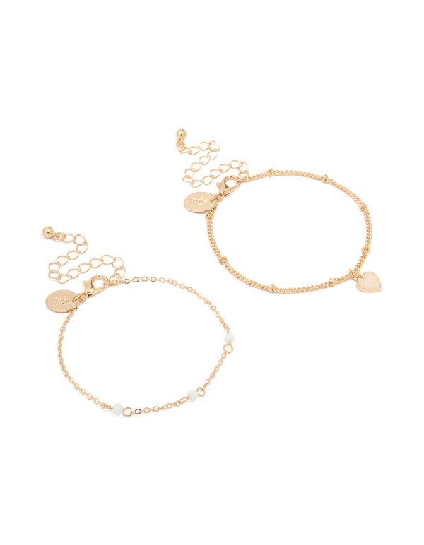 Gold White Stone & Heart Charm Bracelets 2-Pack