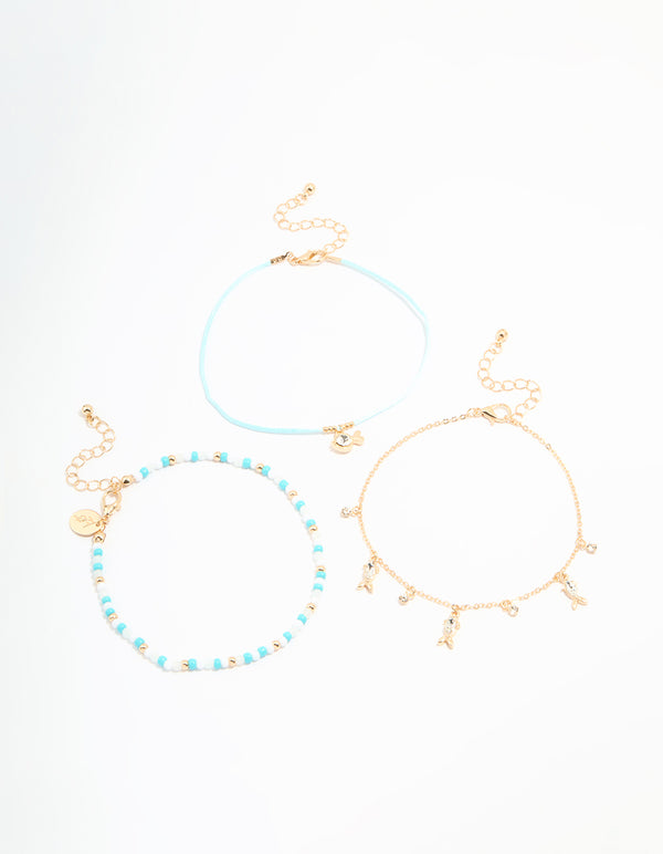 Gold Diamante Fish & Blue Beaded Anklets 3-Pack