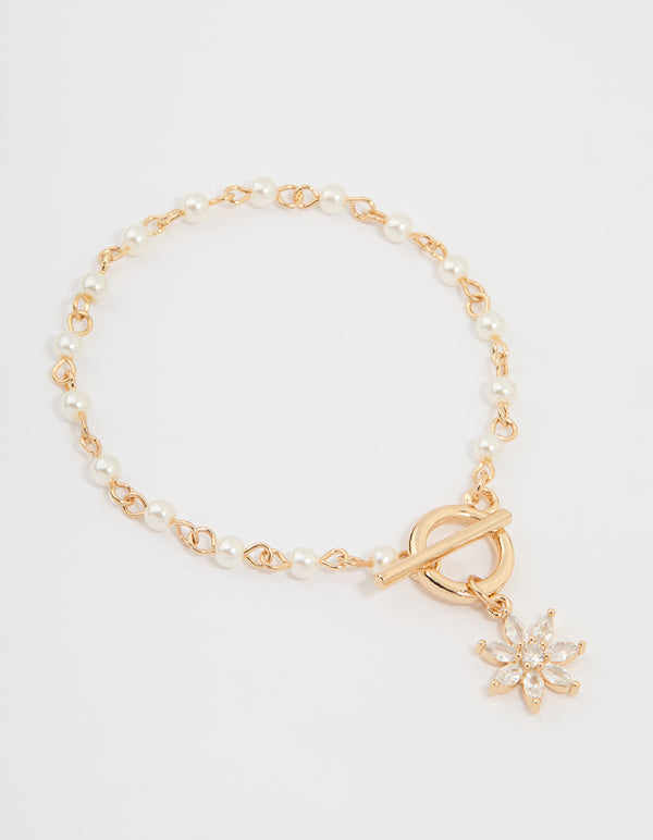 Gold Pearl Cubic Zirconia Flower T&O Bracelet