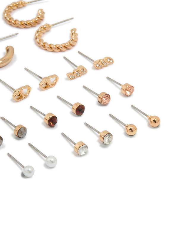 Gold Twisted Hoop & Classic Stud Earrings 12-Pack