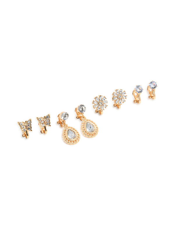 Gold Butterfly & Diamante Clip On Earrings 4-Pack