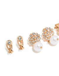 Gold Diamante & Pearl Clip-On Earrings 4-Pack - link has visual effect only