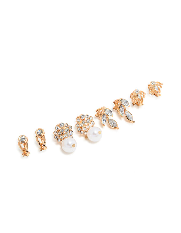Gold Diamante & Pearl Clip-On Earrings 4-Pack