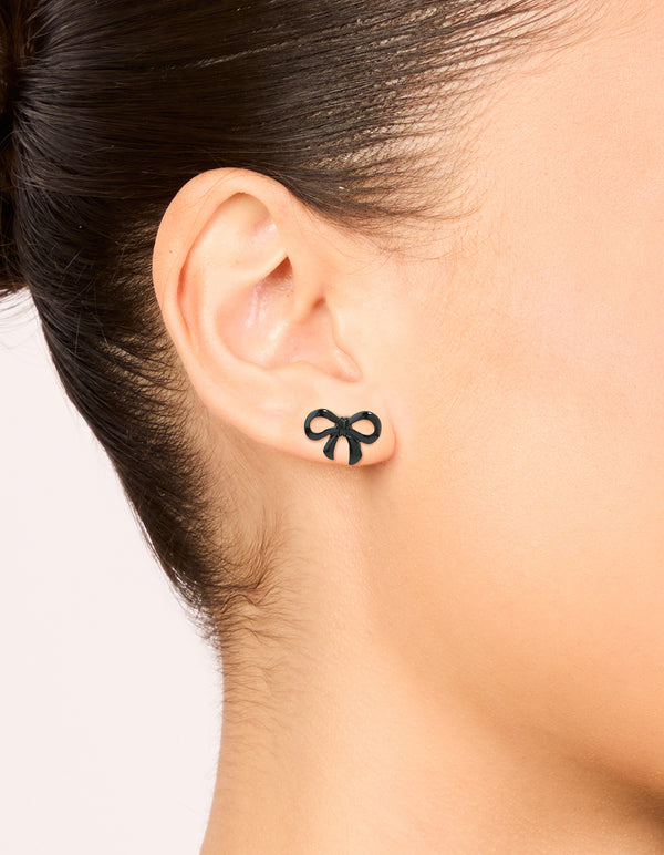 Black Coated Metal Ribbon Bow Stud Earrings