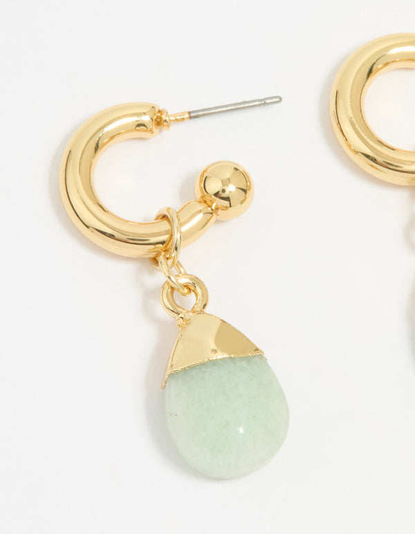 Gold Plated Green Semi Precious Stone Oval Hoop Earrings