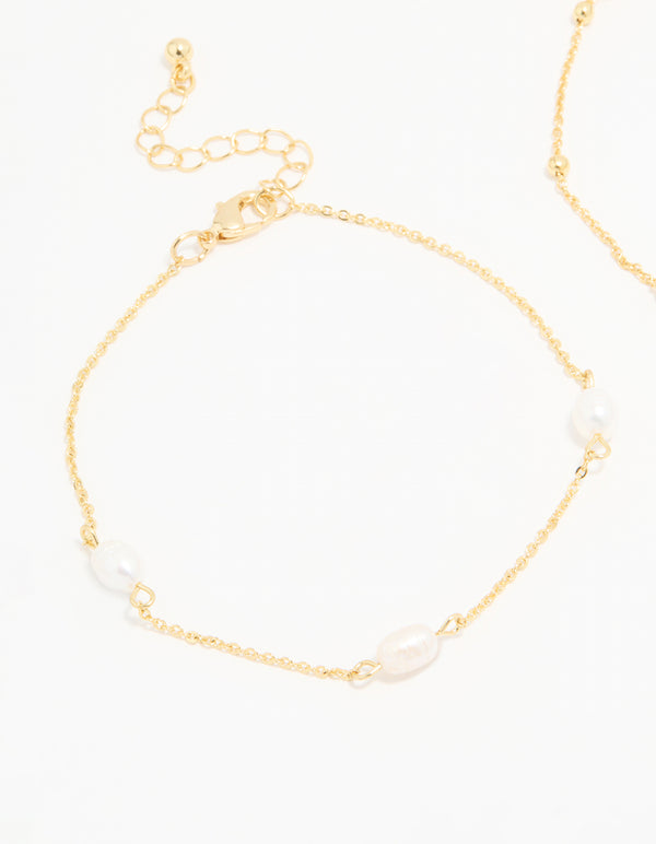 Gold Plated Freshwater Pearl Ball Chain Anklets 2-Pack