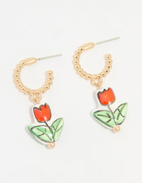 Gold Red Ceramic Flower Huggie Drop Earrings - link has visual effect only