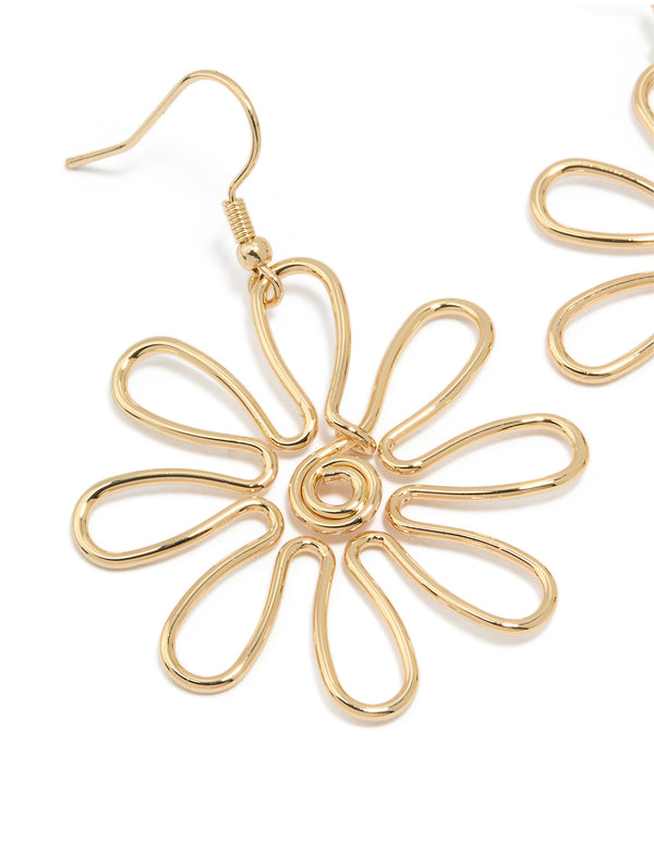Gold Open Flower Drop Earrings