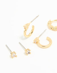 Gold Plated Brass Cubic Zirconia Small Stud & Huggie Earrings 3-Pack - link has visual effect only