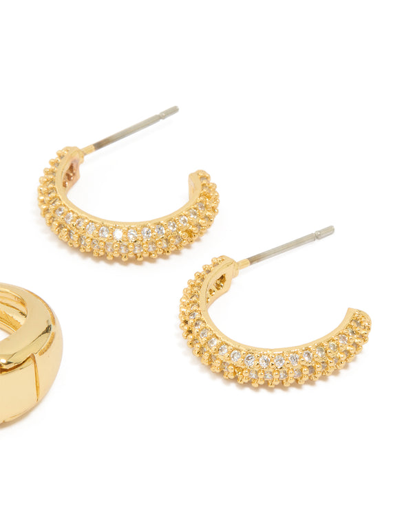 Gold Plated Brass Cubic Zirconia Huggie Earrings 3-Pack