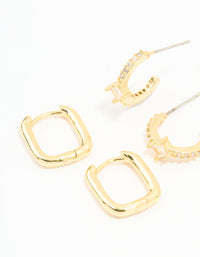 Gold Plated Brass Cubic Zirconia & Plain Rectangle Earrings 4-Pack - link has visual effect only
