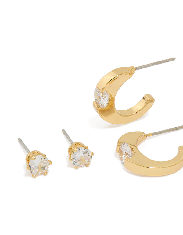 Gold Plated Brass Cubic Zirconia Inlay Stud & Huggie Earrings 3-Pack