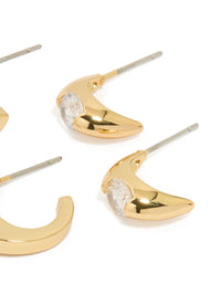 Gold Plated Brass Cubic Zirconia Inlay Stud & Huggie Earrings 3-Pack - link has visual effect only