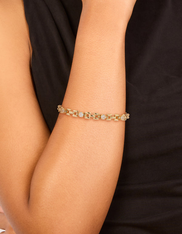 Gold Plated Brass Cubic Zirconia Square Alternating Tennis Bracelet