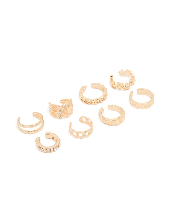 Gold Plated Thin Mixed Ear Cuffs 8-Pack