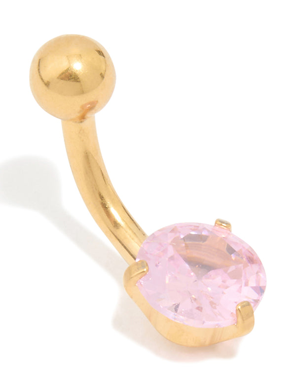 Gold Plated Surgical Steel Pink Cubic Zirconia Belly Bar