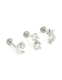 Surgical Steel Cubic Zirconia Mixed Threadless Flat Back Studs 3-Pack - link has visual effect only