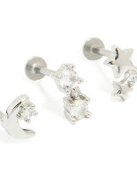 Surgical Steel Cubic Zirconia Mixed Threadless Flat Back Studs 3-Pack - link has visual effect only
