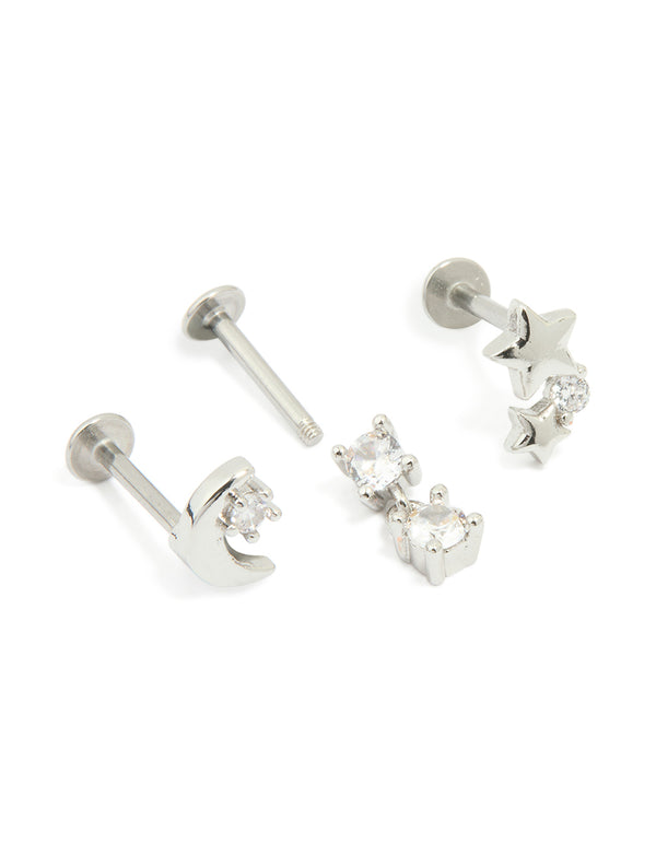 Surgical Steel Cubic Zirconia Mixed Threadless Flat Back Studs 3-Pack