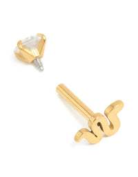 Gold Plated Surgical Steel Cubic Zirconia Reversible Smooth Flat Back Stud - link has visual effect only