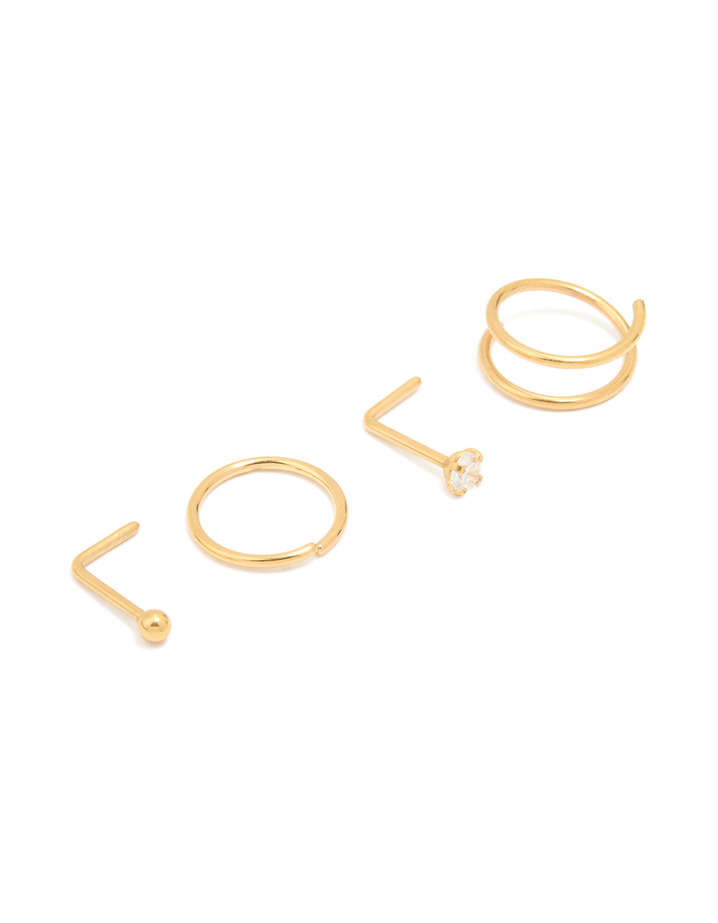 Featuring balls and clear stone details, this titanium simple mixed nose studs and nose rings 4-pack in gold plated statement style front view