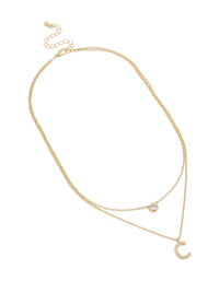 Gold Plated Cubic Zirconia Bezel Letter C Layered Necklace - link has visual effect only