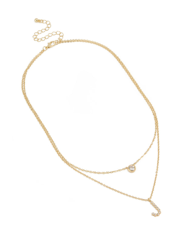 Gold Plated Cubic Zirconia Bezel Letter J Layered Necklace