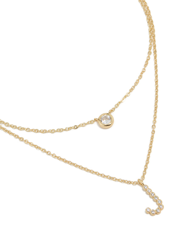 Gold Plated Cubic Zirconia Bezel Letter J Layered Necklace