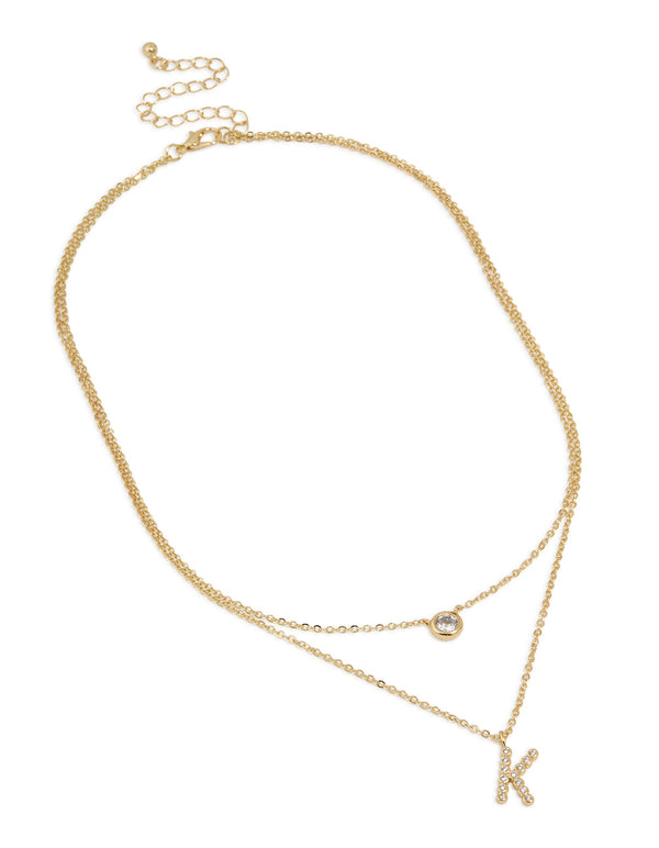 Gold Plated Cubic Zirconia Bezel Letter K Layered Necklace