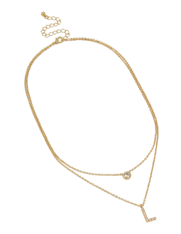 Gold Plated Cubic Zirconia Bezel Letter L Layered Necklace