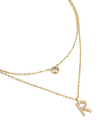 Gold Plated Cubic Zirconia Bezel Letter R Layered Necklace - link has visual effect only