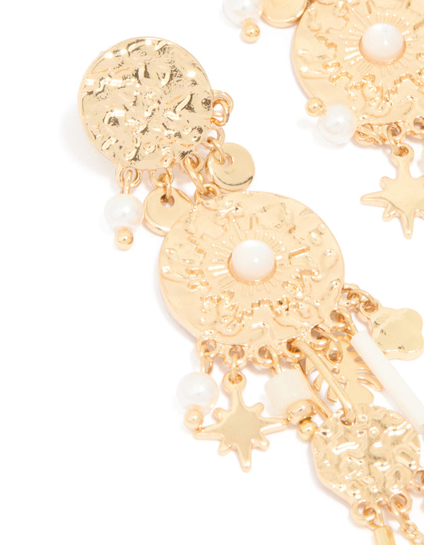 Gold Textured Pearl Dangle Drop Earrings